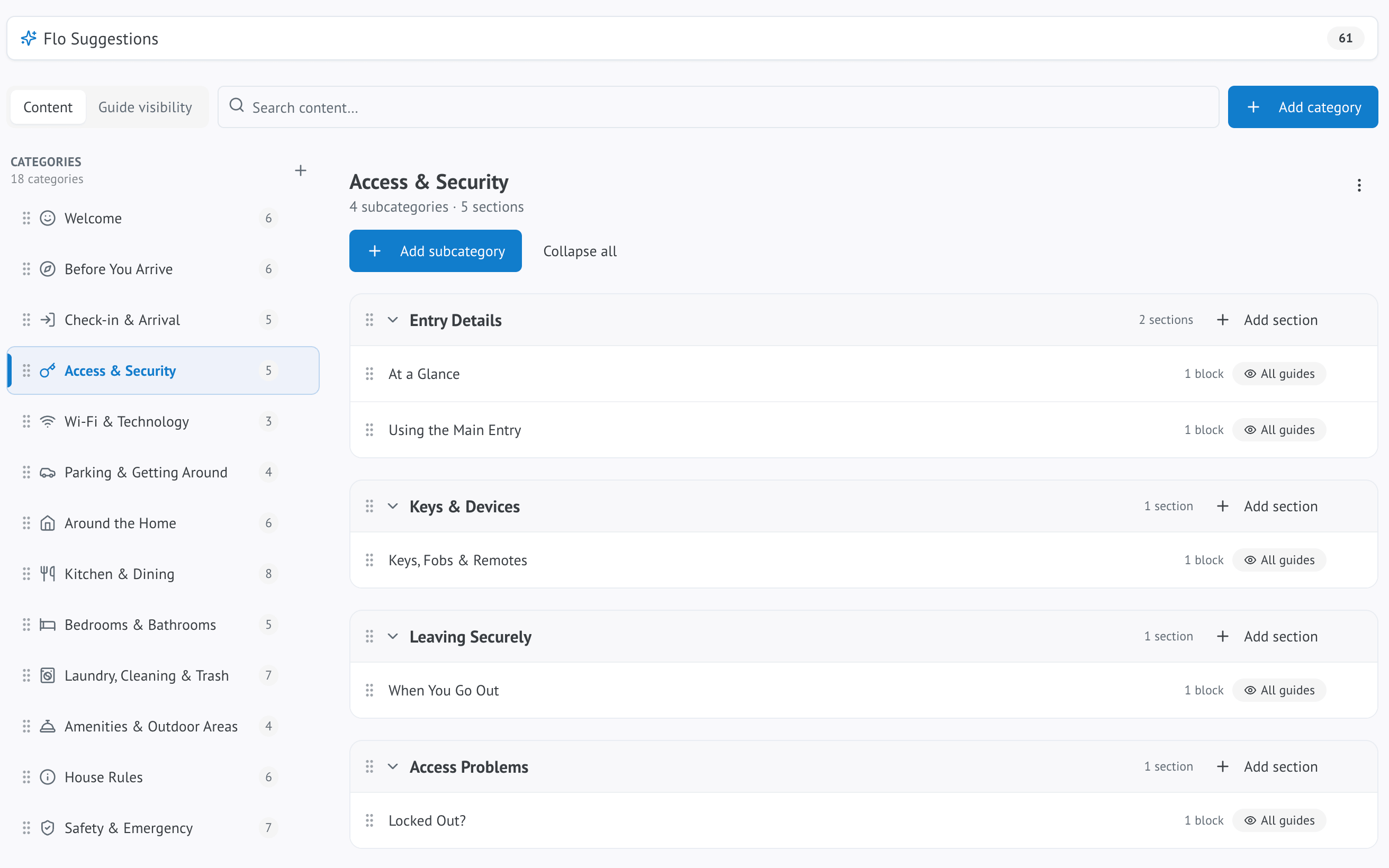 The WelcomeFlo Content Library, showing shared categories and sections