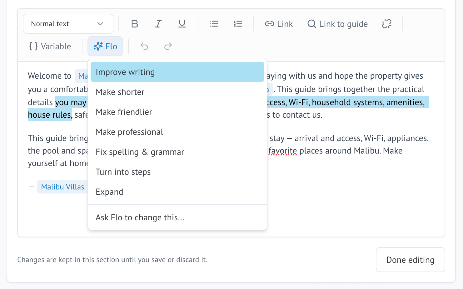 Flo Assistant — Helps you write and improve guide content.
