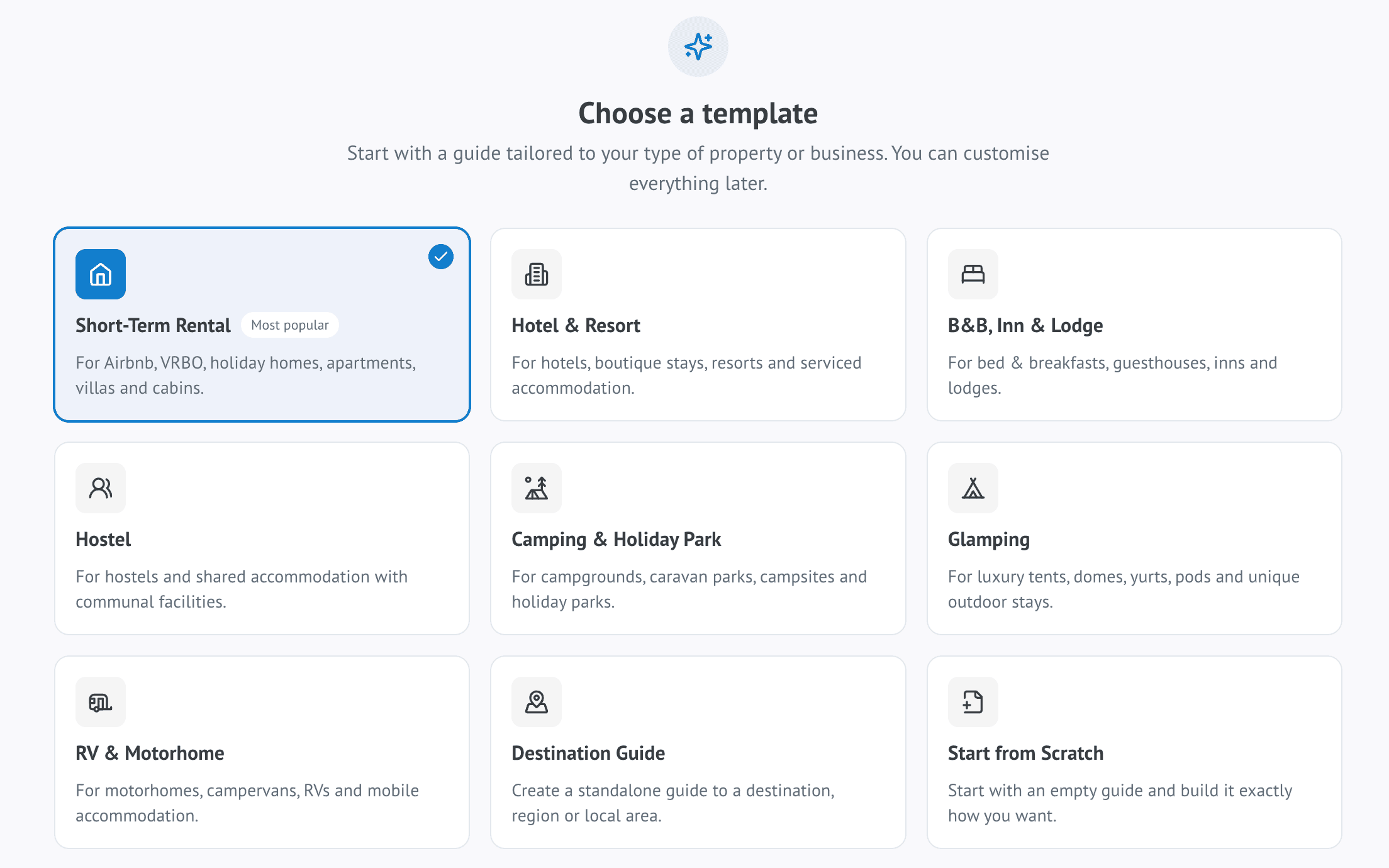 The WelcomeFlo template selection screen, showing guide templates grouped by accommodation type