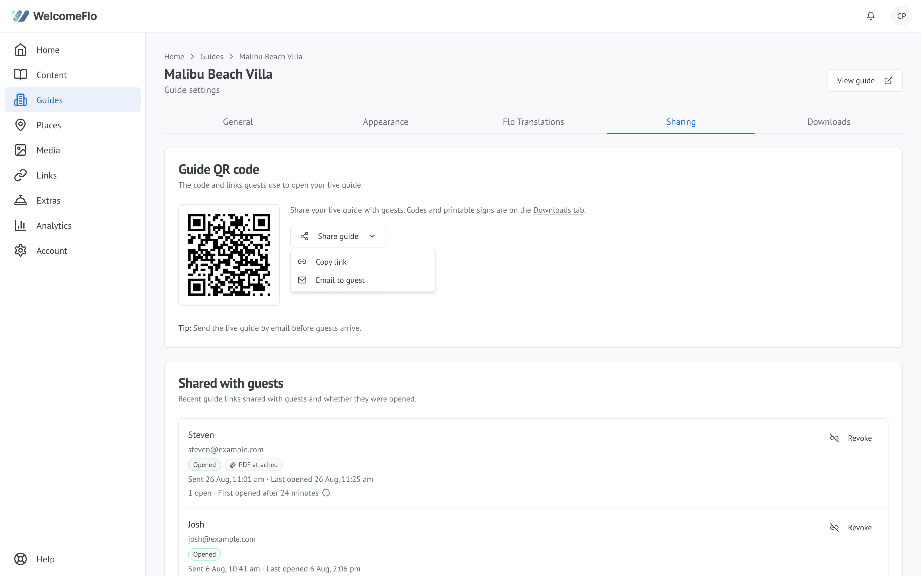 The WelcomeFlo guide sharing screen, showing the shareable link, QR code and PDF export options