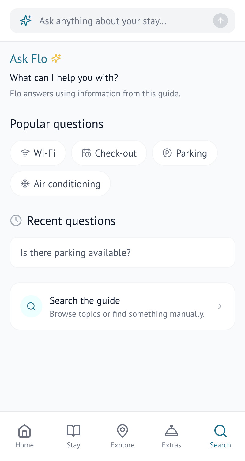 Ask Flo answering a guest question using the Malibu Beach Villa guest guide