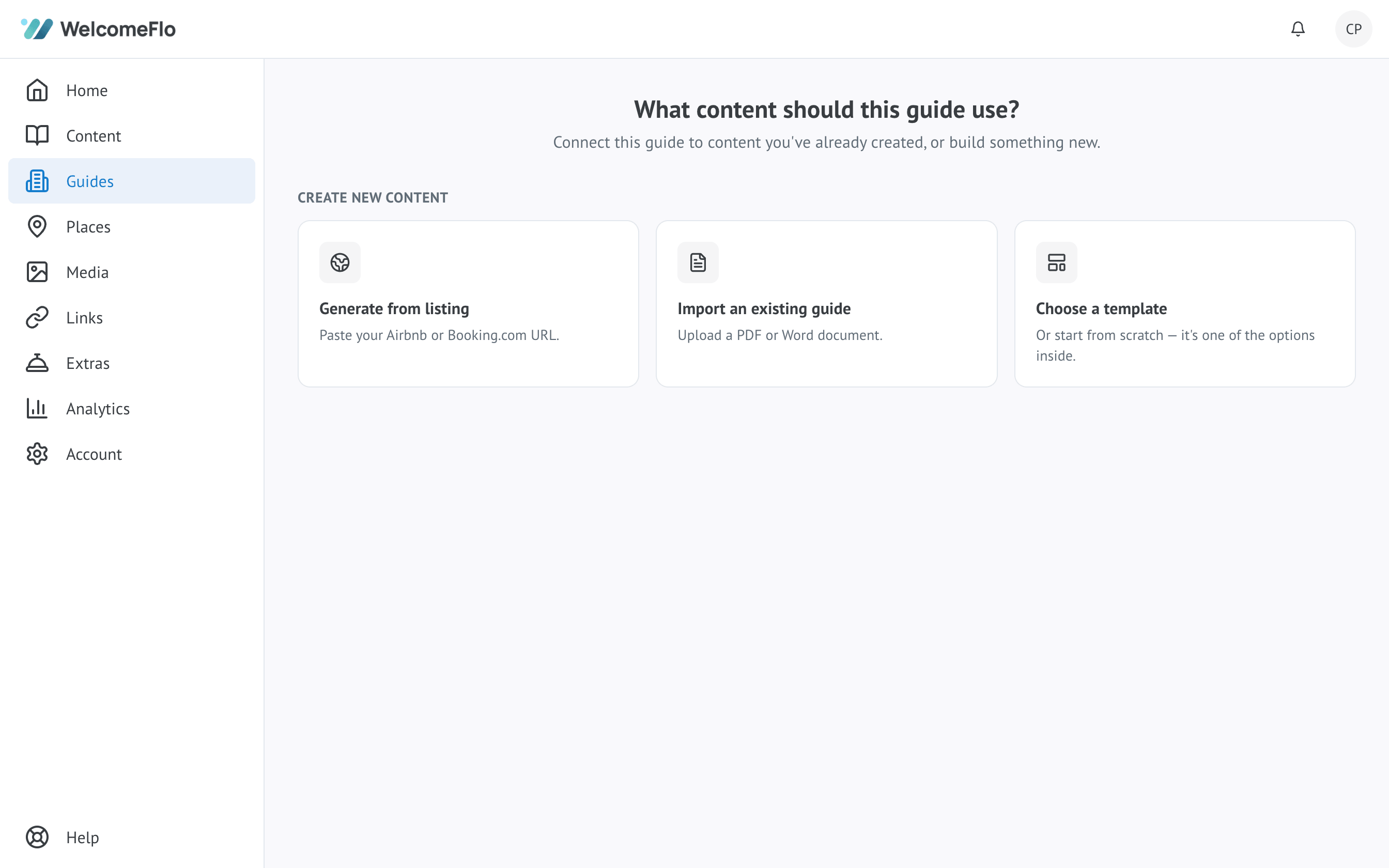 The WelcomeFlo create-guide screen, showing the choice between a template, a listing import, a document import and starting from scratch