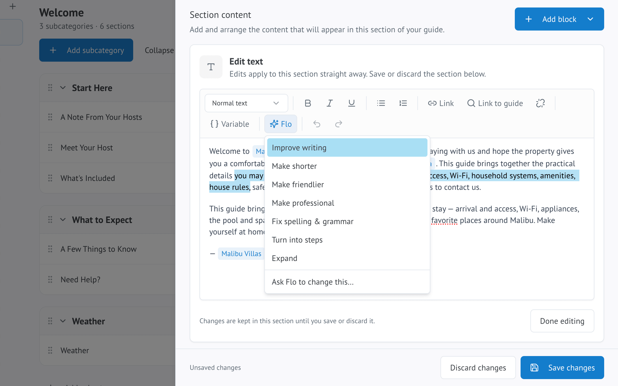 Flo Assistant offering writing suggestions for a guide section