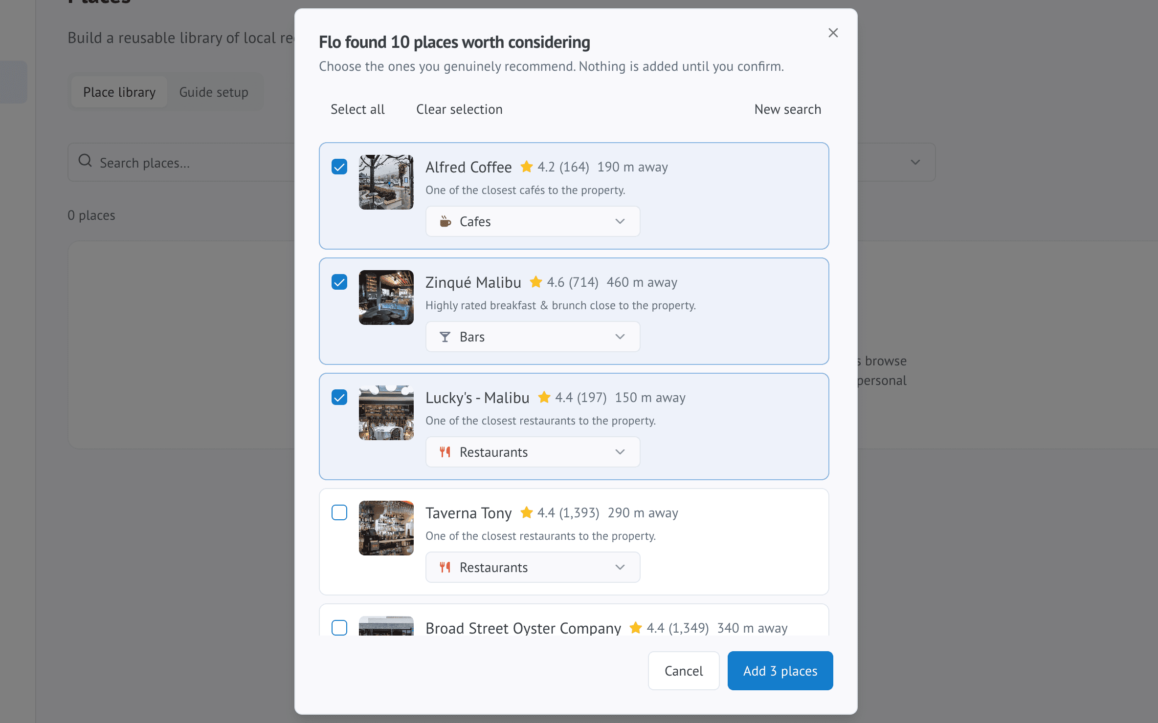 Flo Places showing nearby place recommendations for a host to review and add