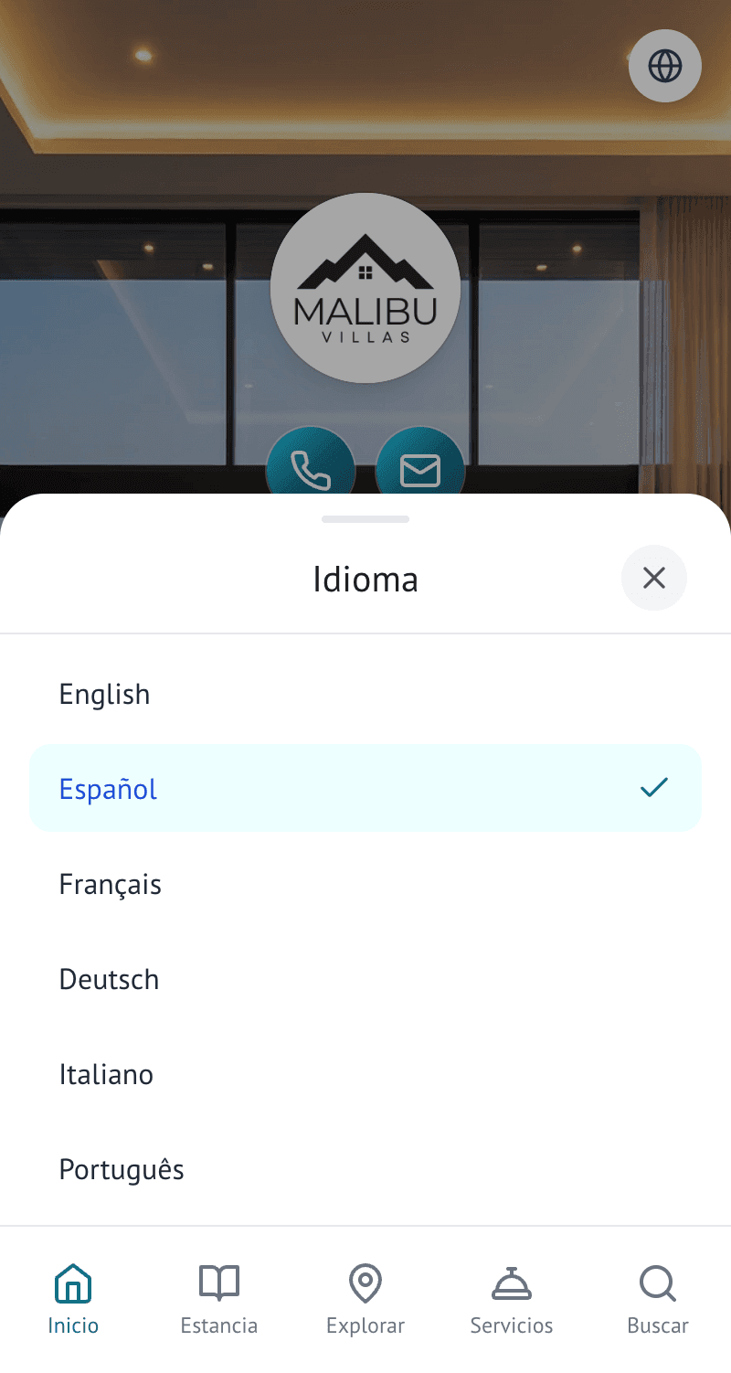 A guest choosing their preferred language inside the Malibu Beach Villa guest guide