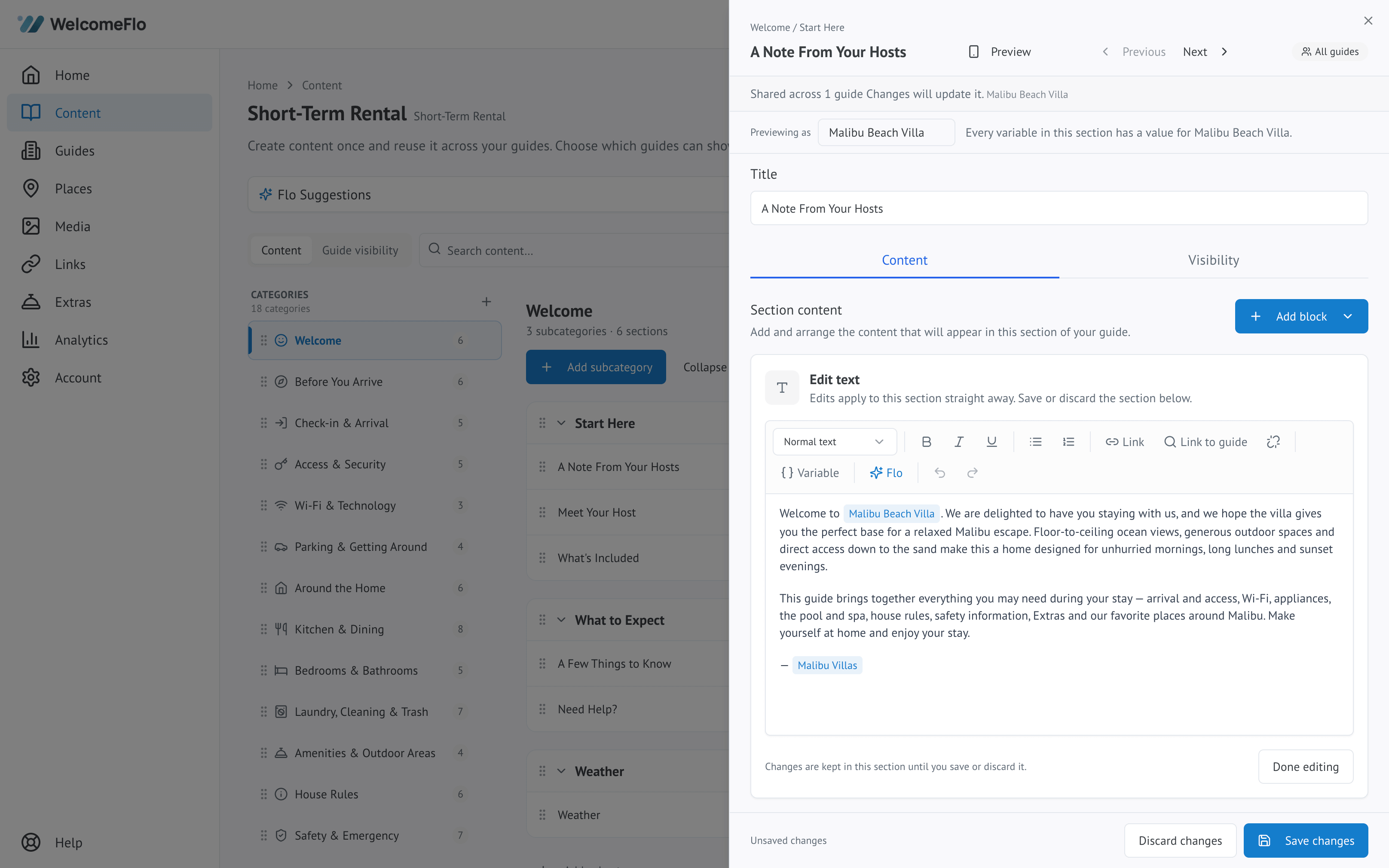 The WelcomeFlo dashboard guide editor, showing a guide's category and section structure