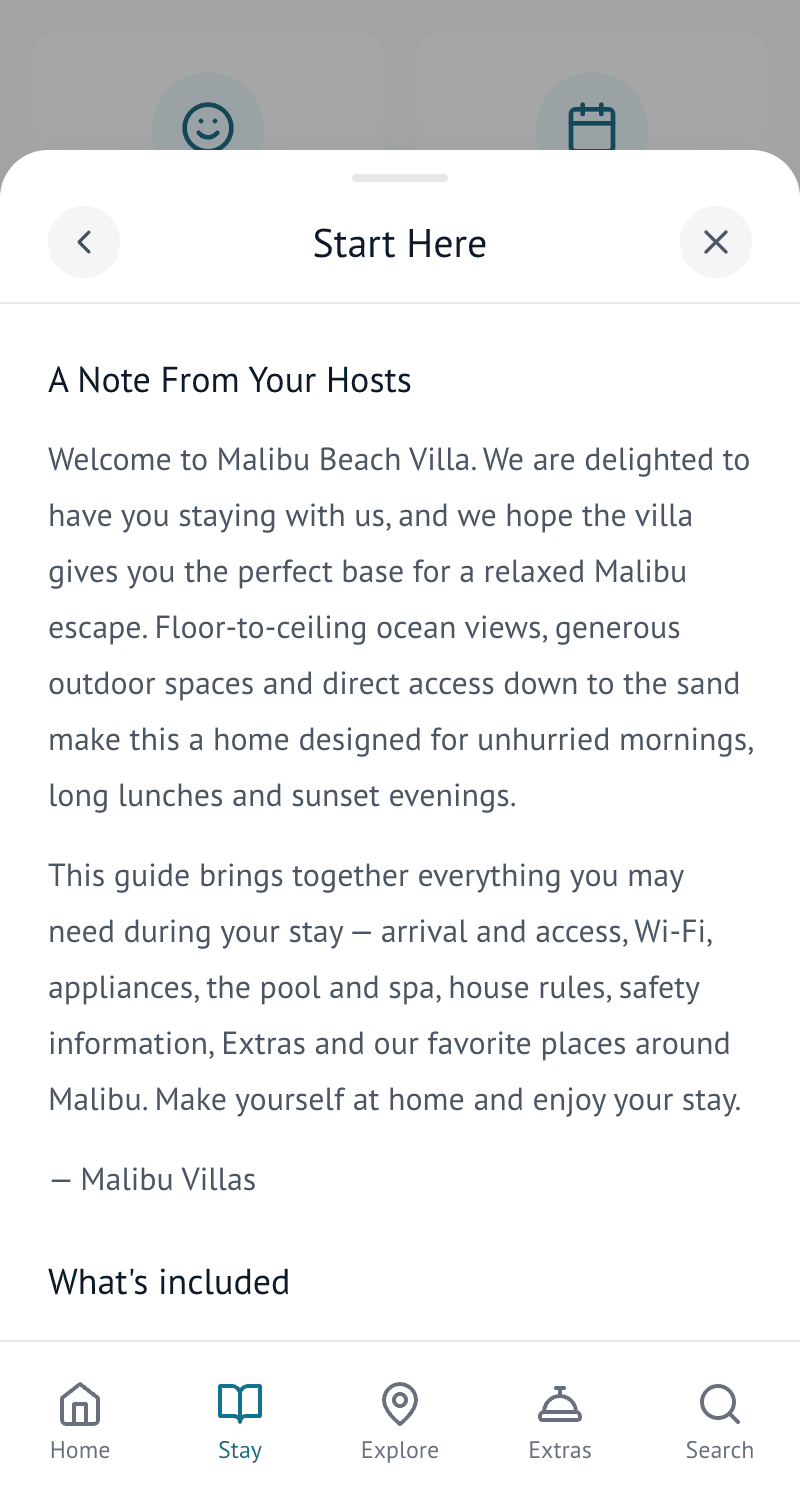 A Stay detail sheet open in the Malibu Beach Villa guest guide, showing the property content a host edits in the dashboard
