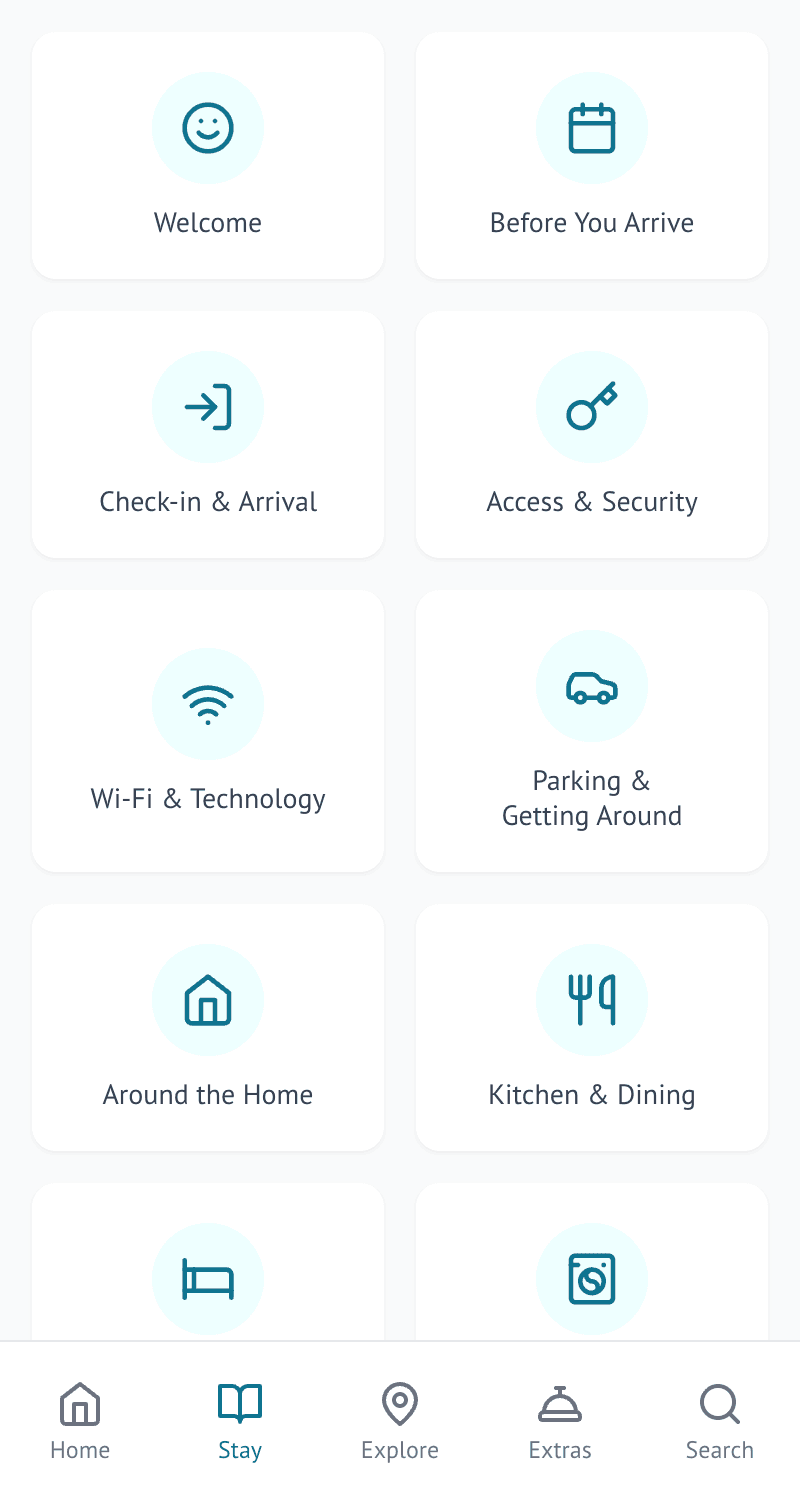 The Stay screen of the Malibu Beach Villa guest guide, showing Wi-Fi, house rules and property information