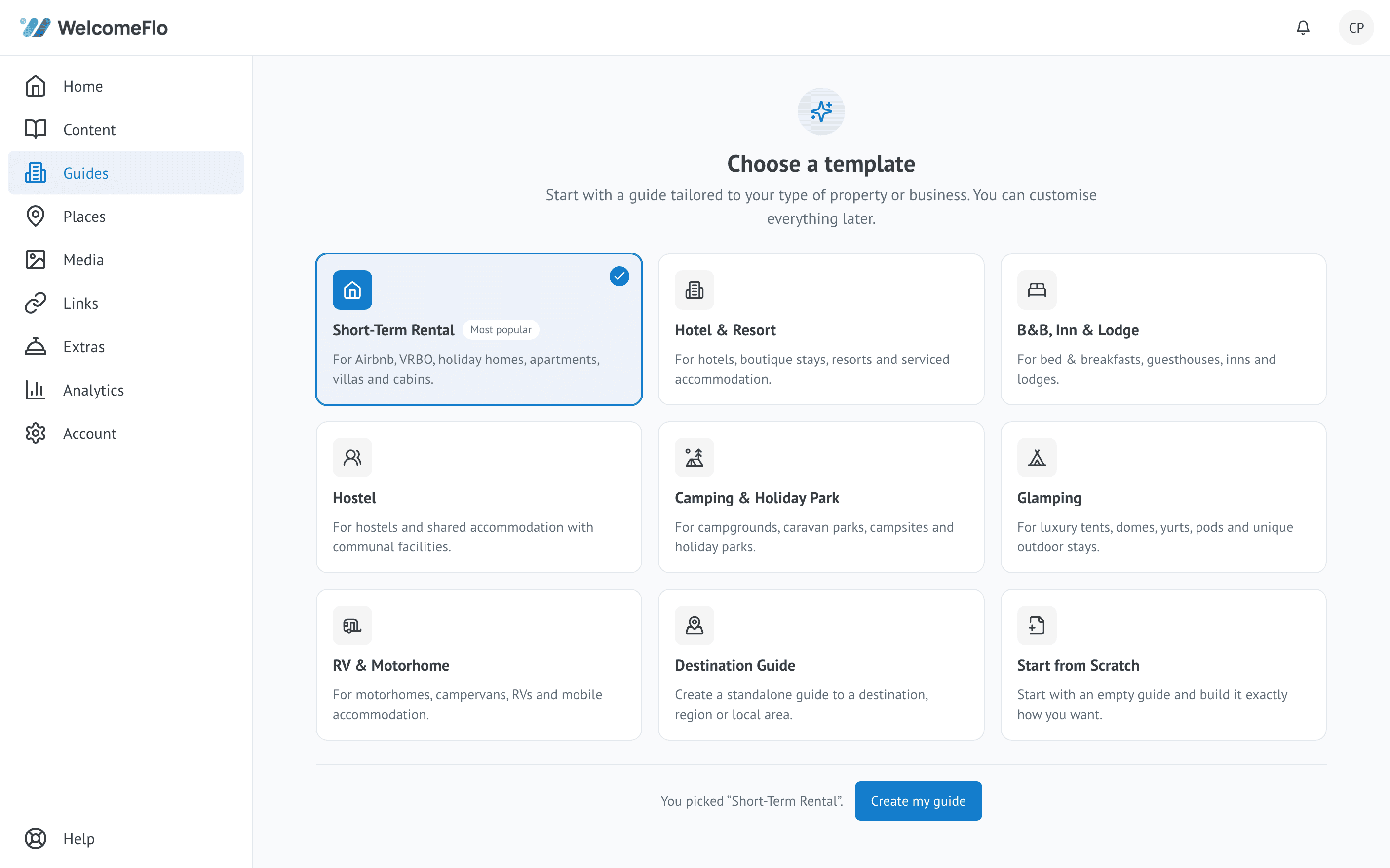 The WelcomeFlo template selection screen, showing guide templates grouped by accommodation type