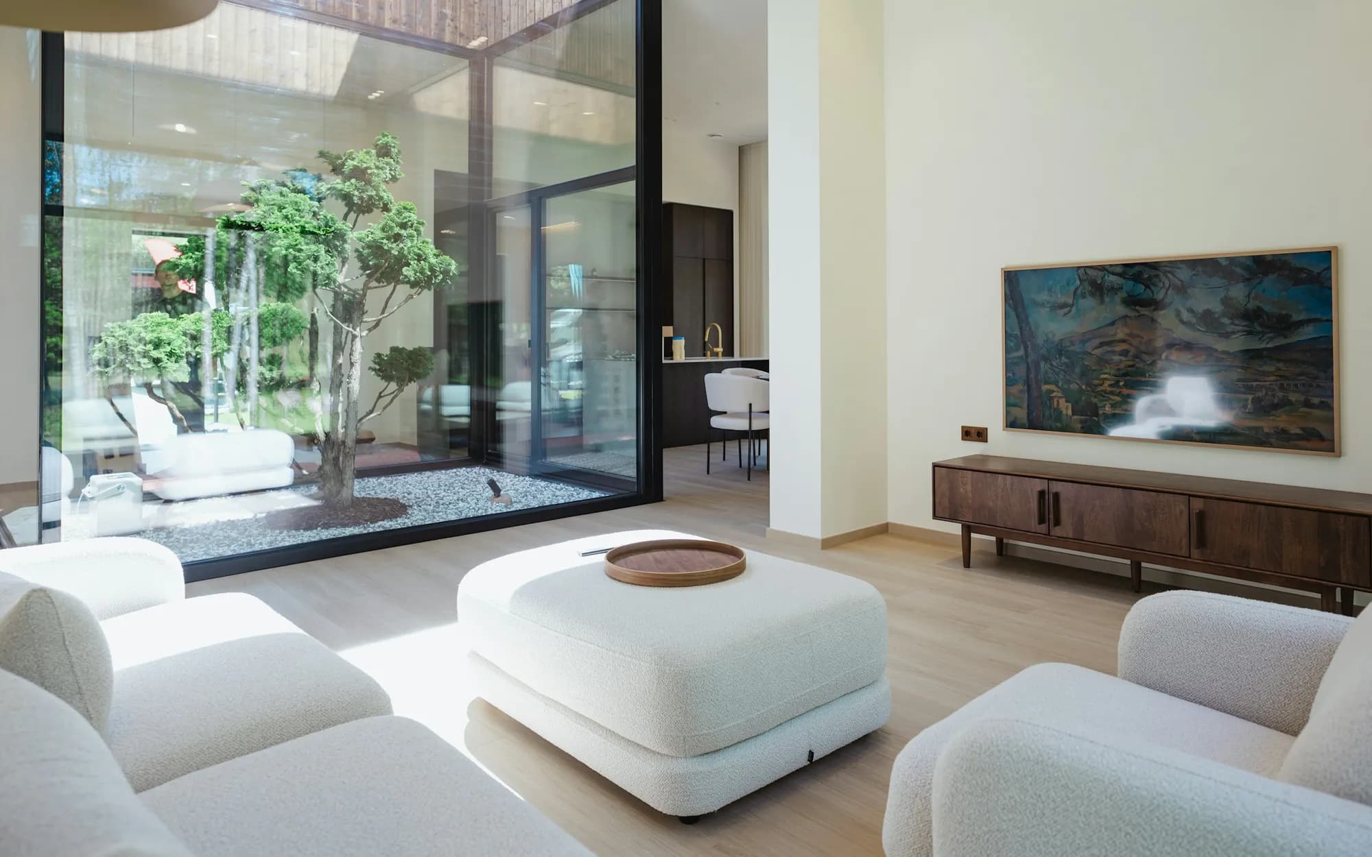 A modern living room with a smart home device