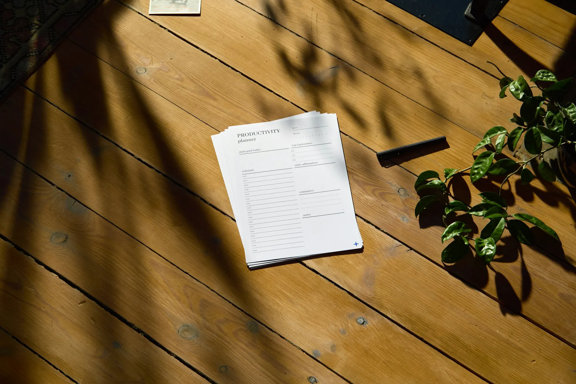 Cleaning supplies and a checklist arranged on a bright table