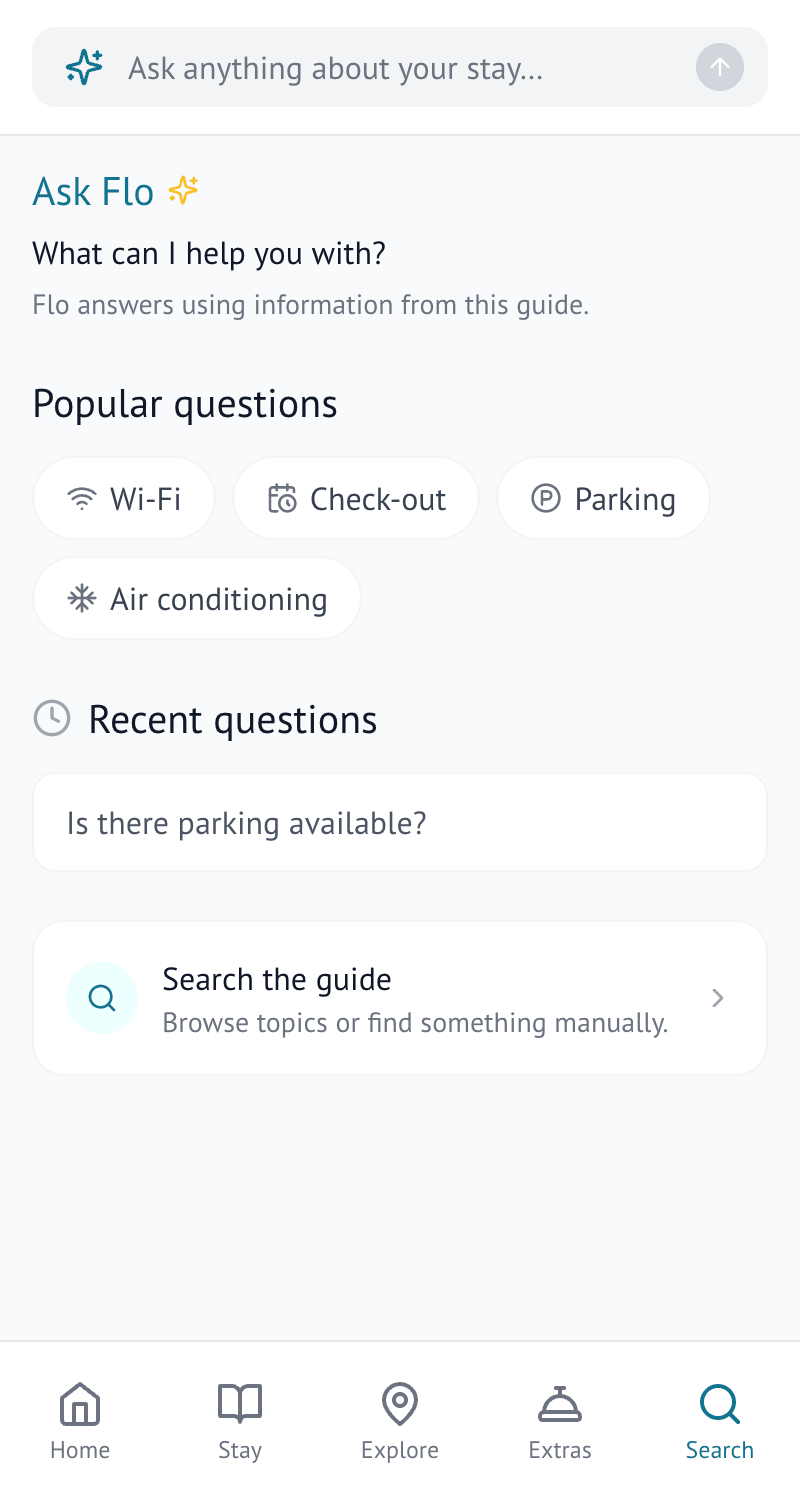 The Ask Flo screen a guest sees, showing a typed question and Flo's answer with a source it came from