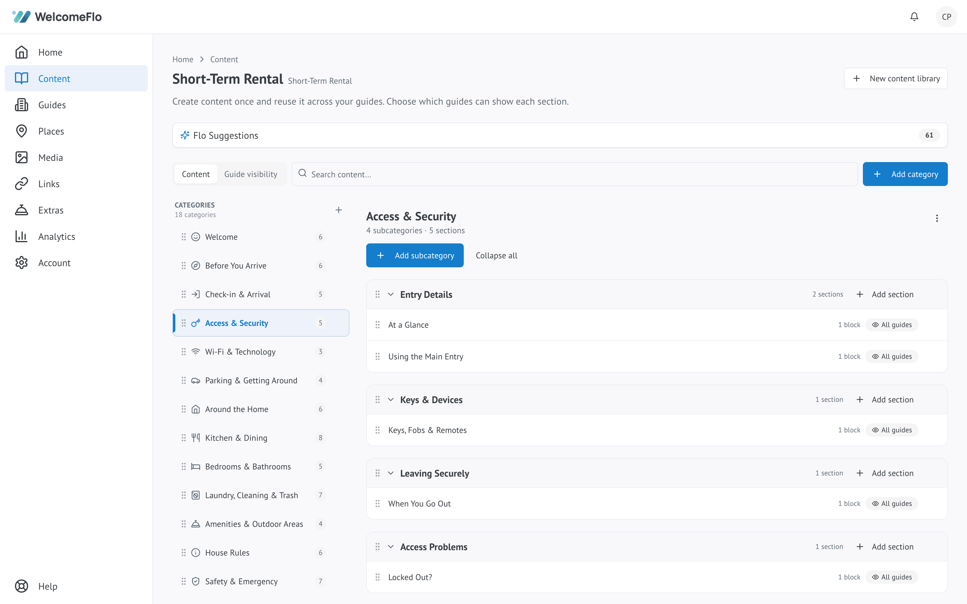 The content library switcher, showing which library a guide is using and other libraries on the account