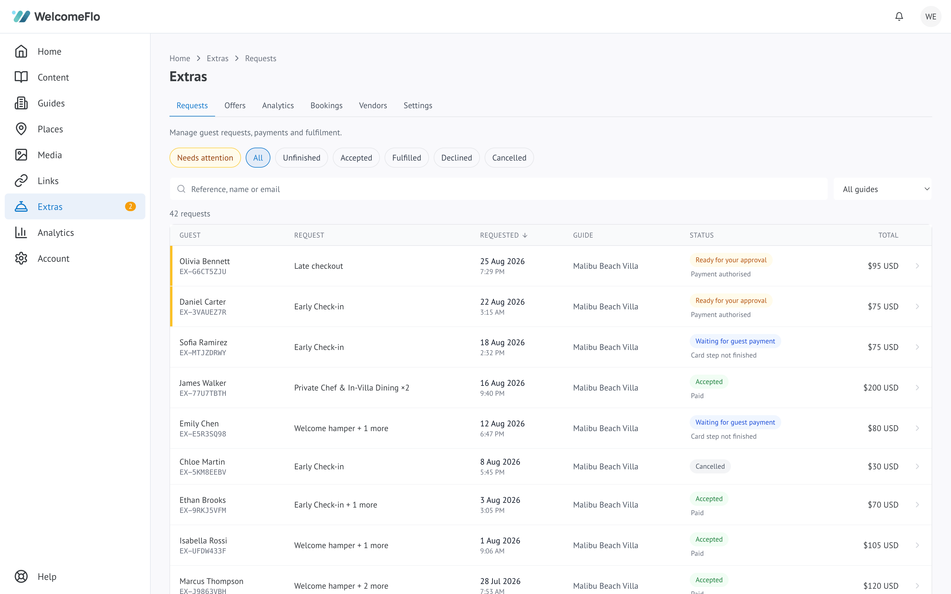 The host Extras dashboard, showing a list of offers guests can request