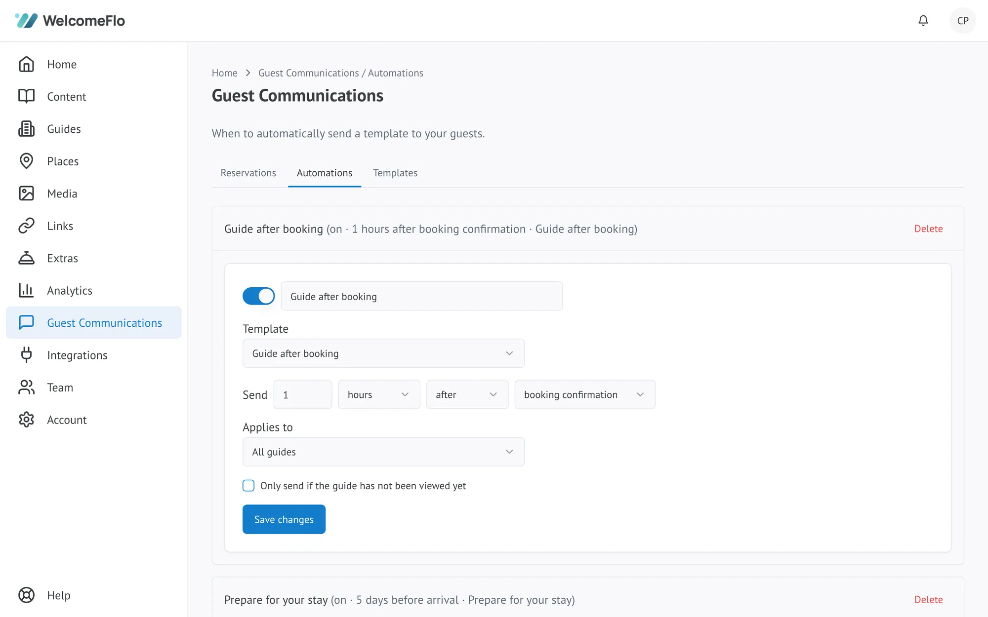 The Automations tab, showing the Guide after booking automation's template, timing and guide scope