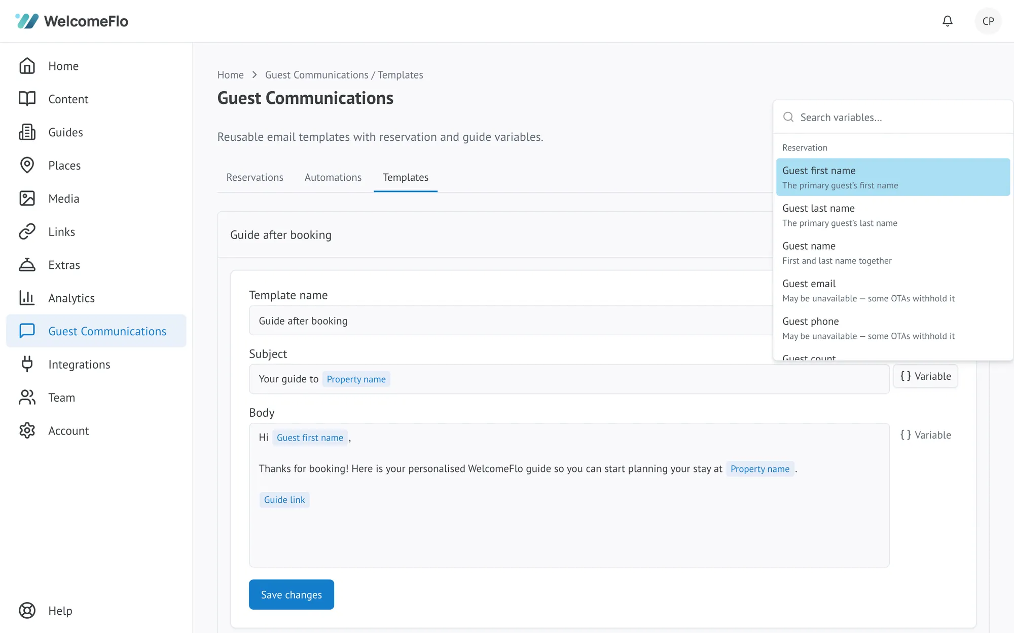 The Variable picker open in a template, showing reservation variables like guest name, email and phone