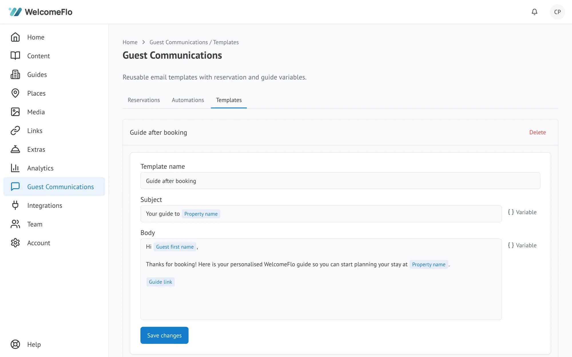 The Templates tab in Guest Communications, showing a template's name, subject and body with variable chips inserted
