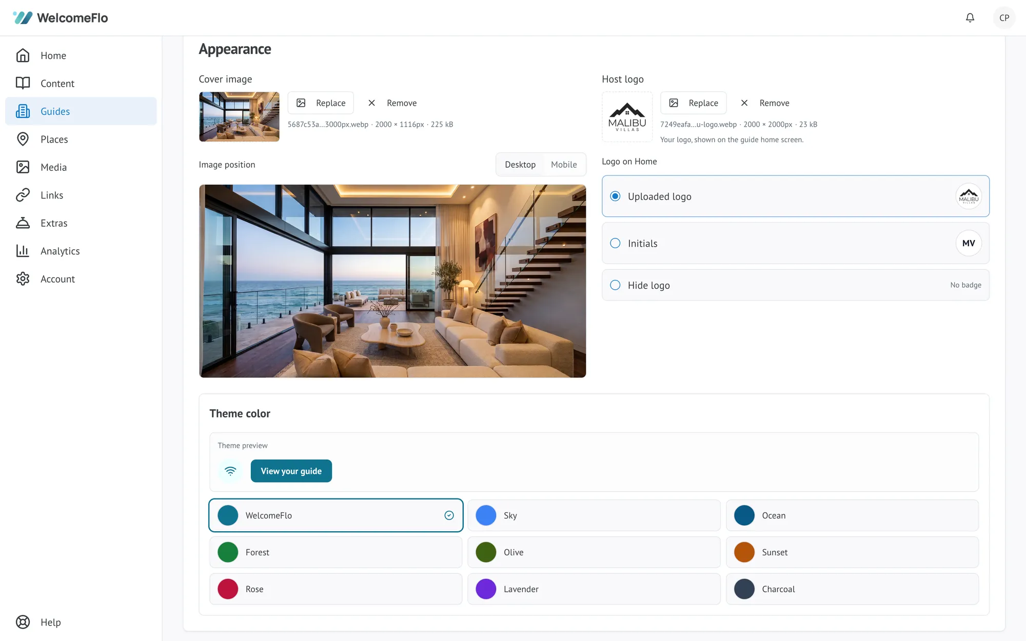 A guide's Appearance settings, showing the cover image, host logo and theme colour options