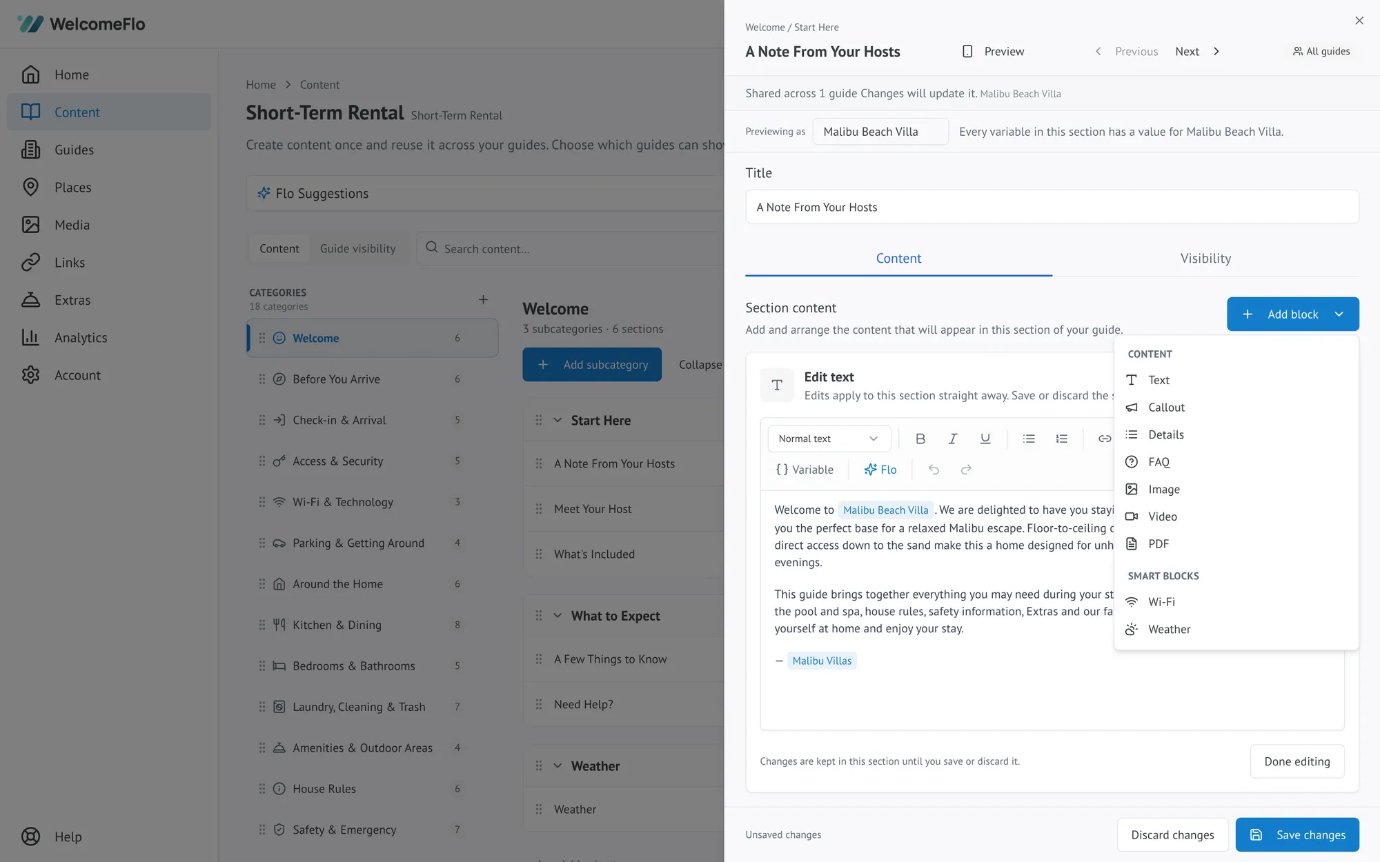 The Add block menu open in the section editor, listing Text, Callout, Details, FAQ, Image, Video and PDF alongside the Wi-Fi and Weather smart blocks