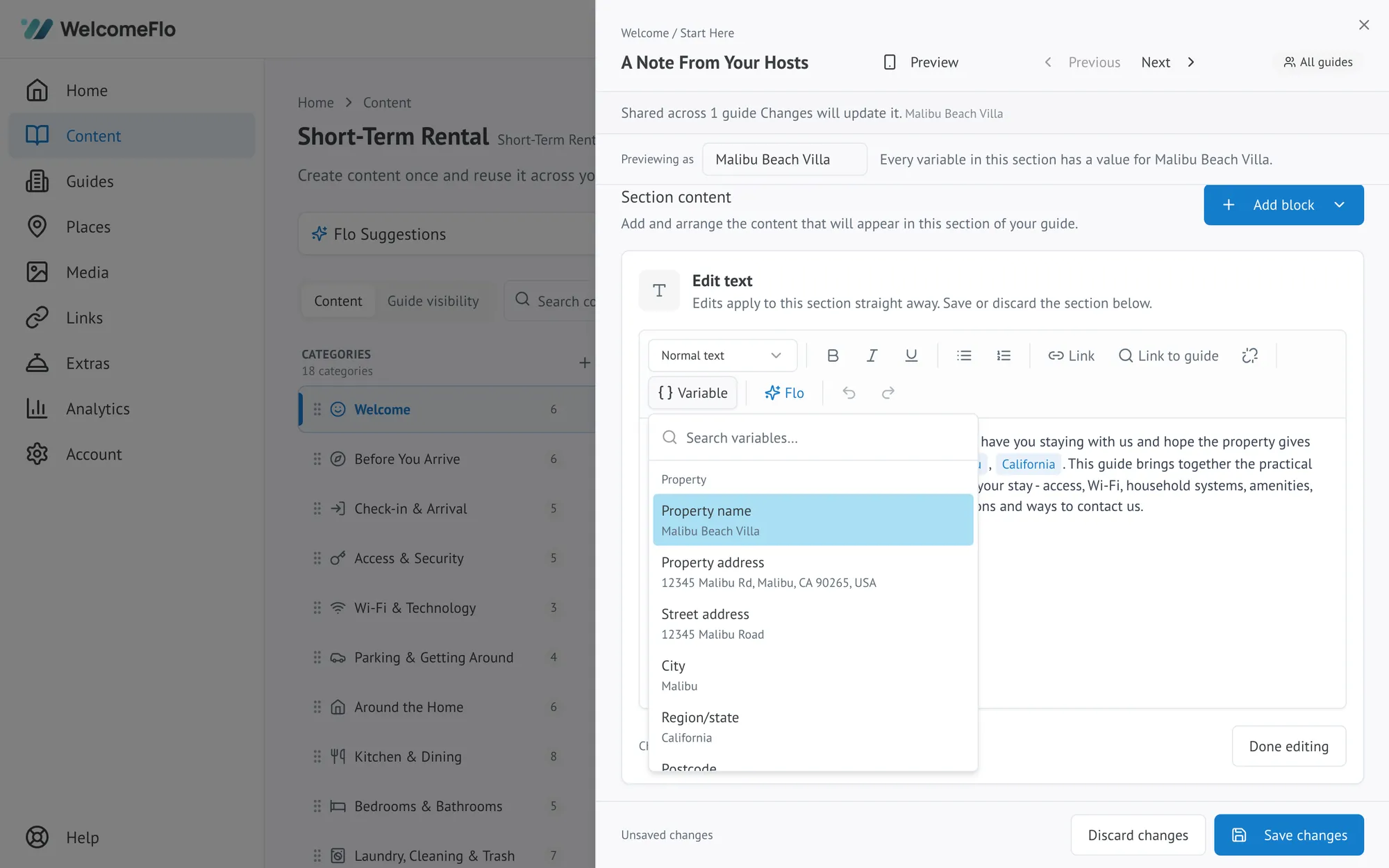 The Variable menu open in the section editor, showing property, stay, host and Wi-Fi details grouped by category