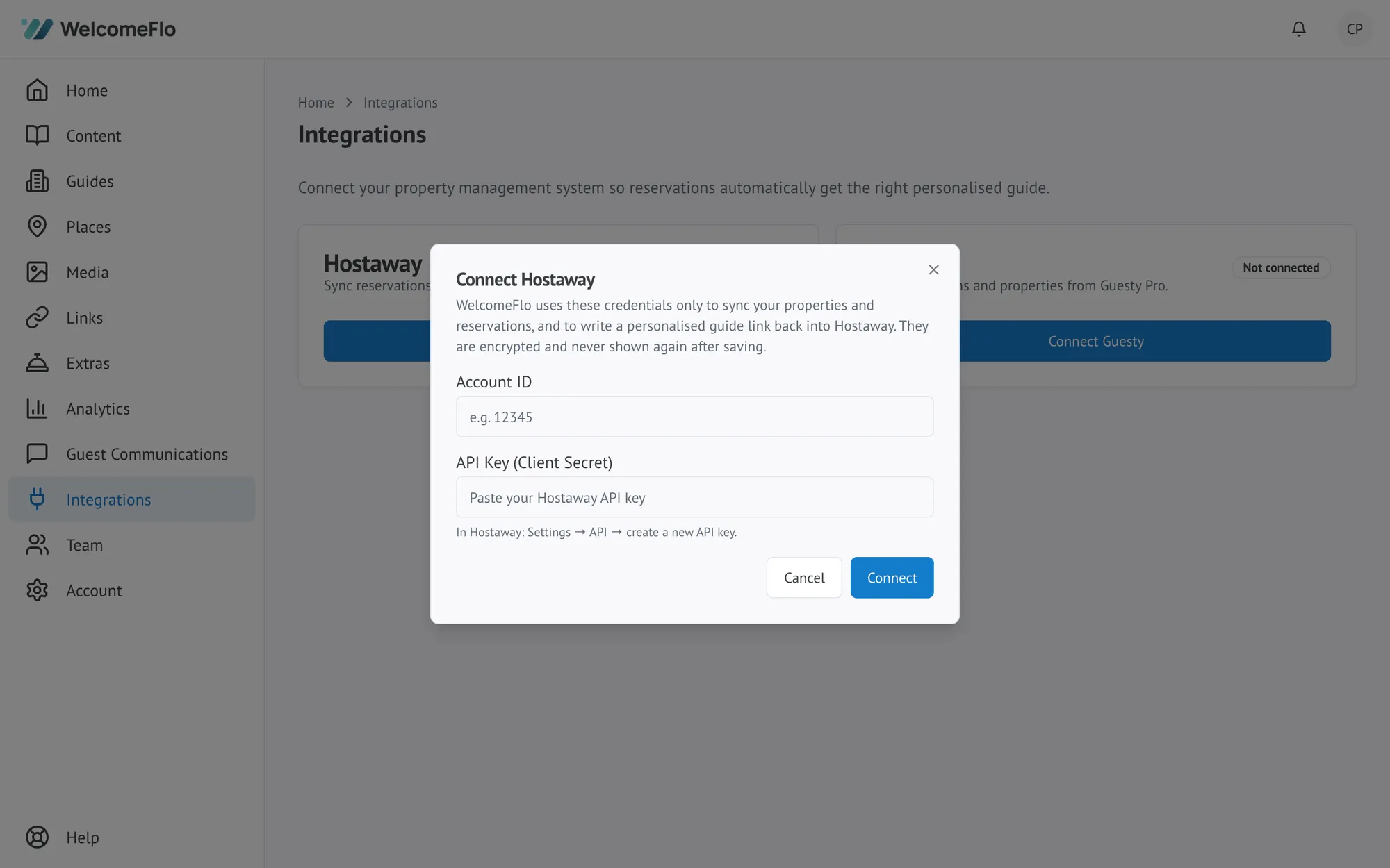 The Connect Hostaway dialog, showing fields for the Account ID and API key
