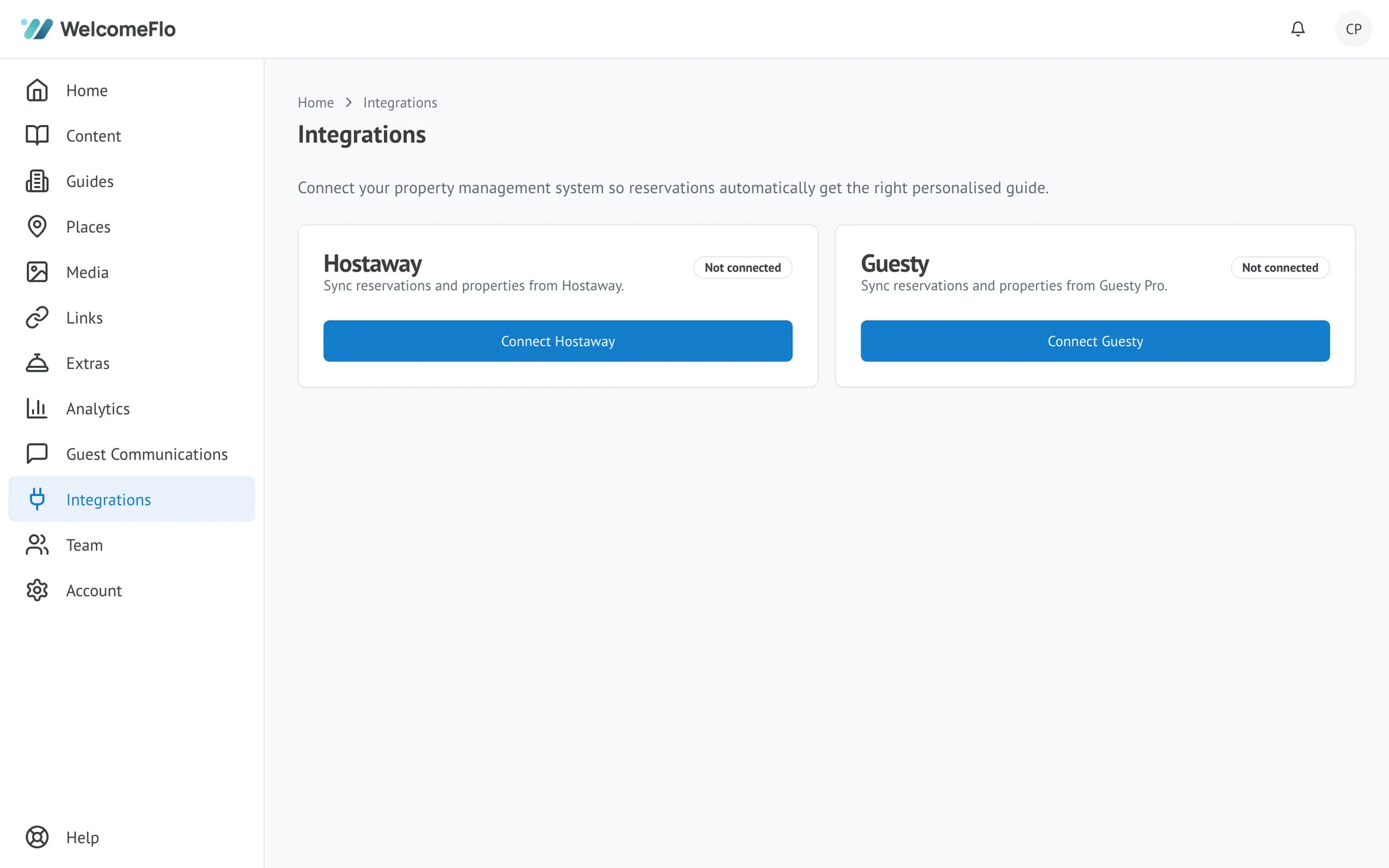 The Integrations page, showing Hostaway and Guesty cards ready to connect