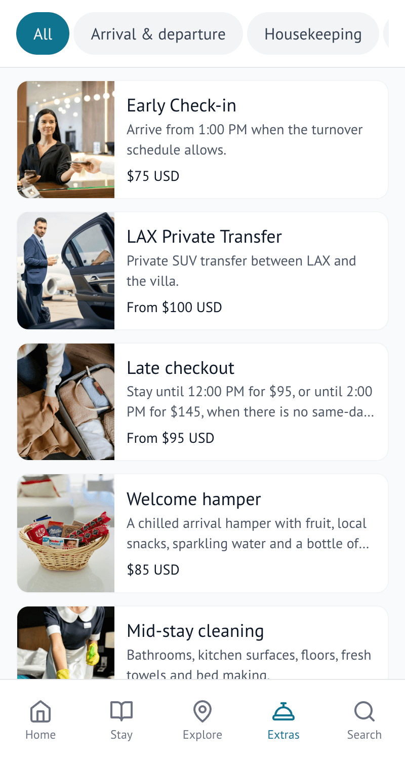 The guest Extras tab, showing add-ons available to request