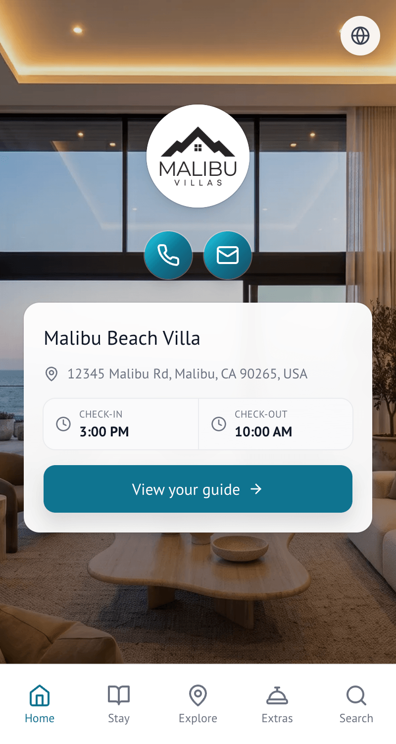 A WelcomeFlo guest guide's Home screen, showing the persistent bottom navigation