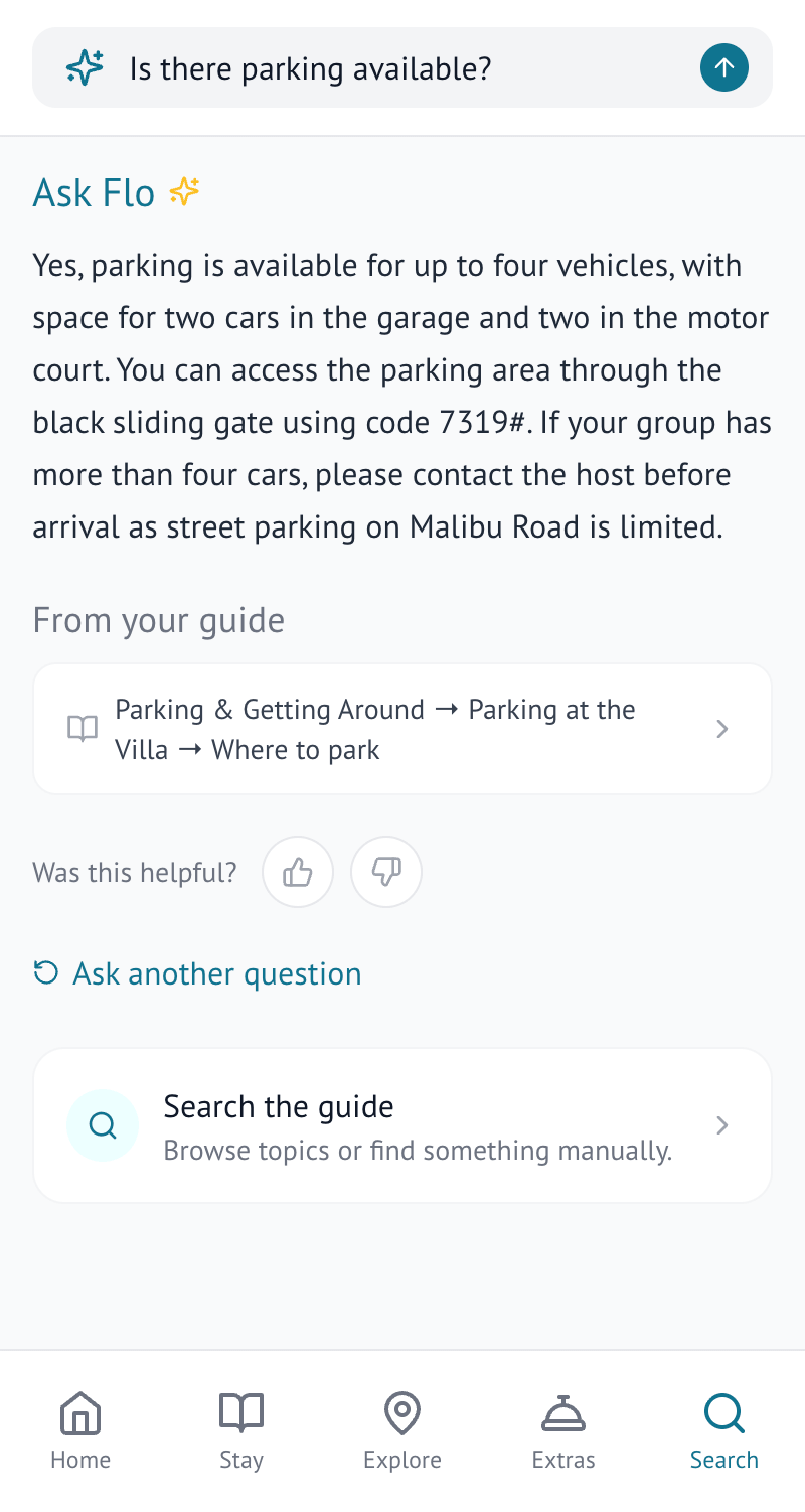 The guest Search tab, with a switch between keyword search and asking Ask Flo a full question