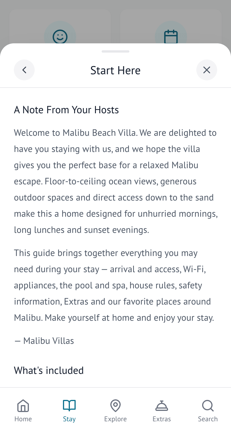 A guide section as a guest sees it, opening as a sheet over the Stay tab