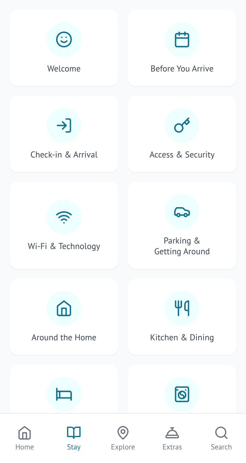 The guest Stay tab, showing property information organised into category cards