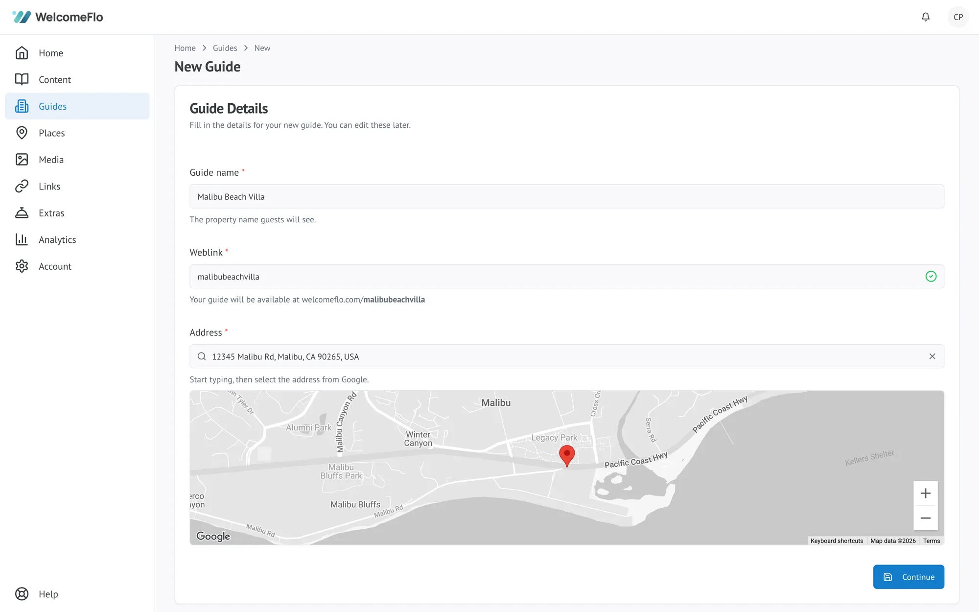 WelcomeFlo's New Guide form, showing fields for guide name, web address and property address with a map preview