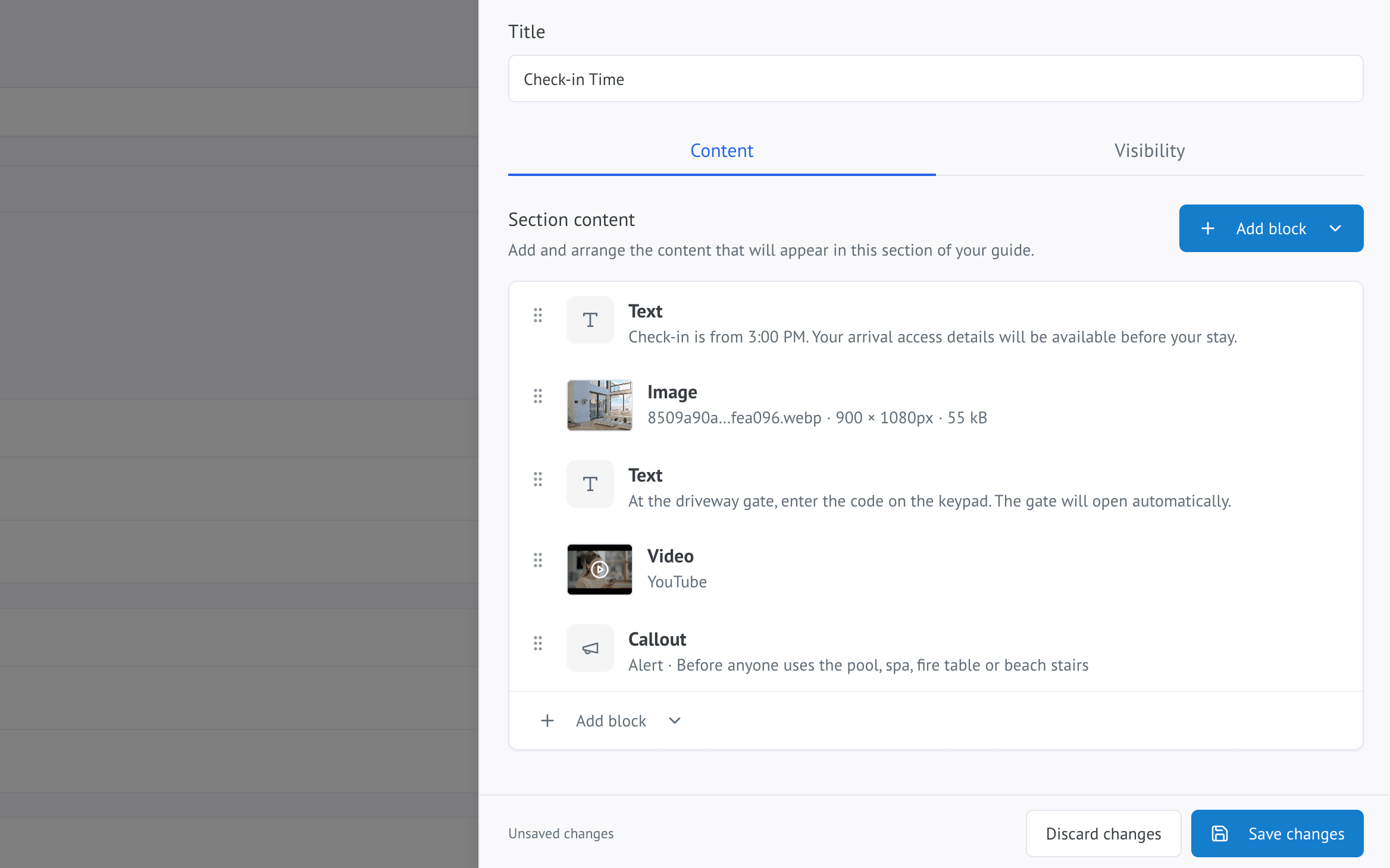 A section open in the content editor, with heading, list and bold formatting applied