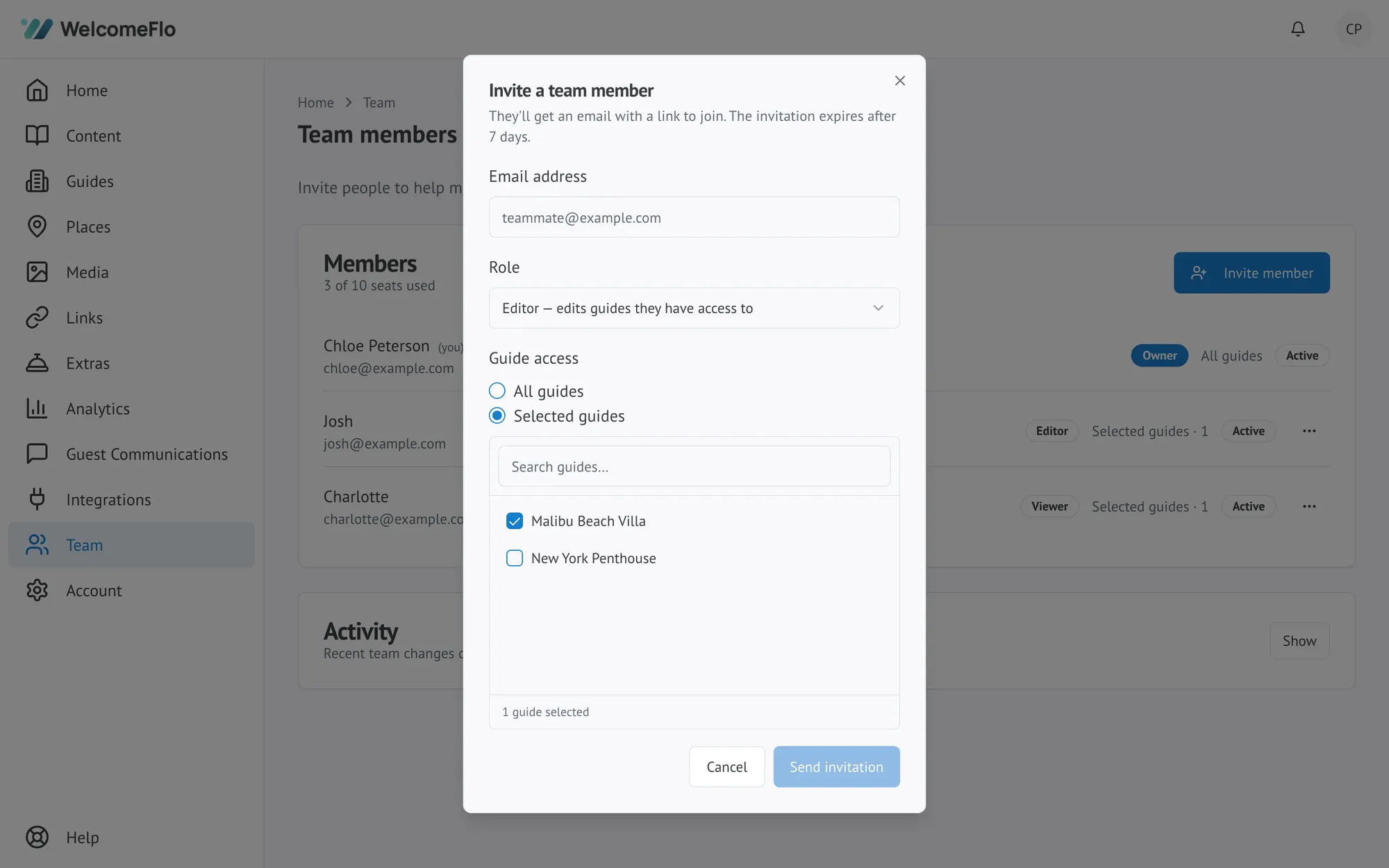 The Invite a team member dialog after choosing Editor, showing the Guide access options and a guide selected