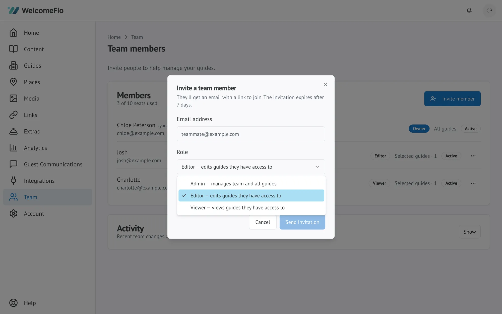 The Invite a team member dialog with the Role dropdown open, showing Admin, Editor and Viewer options