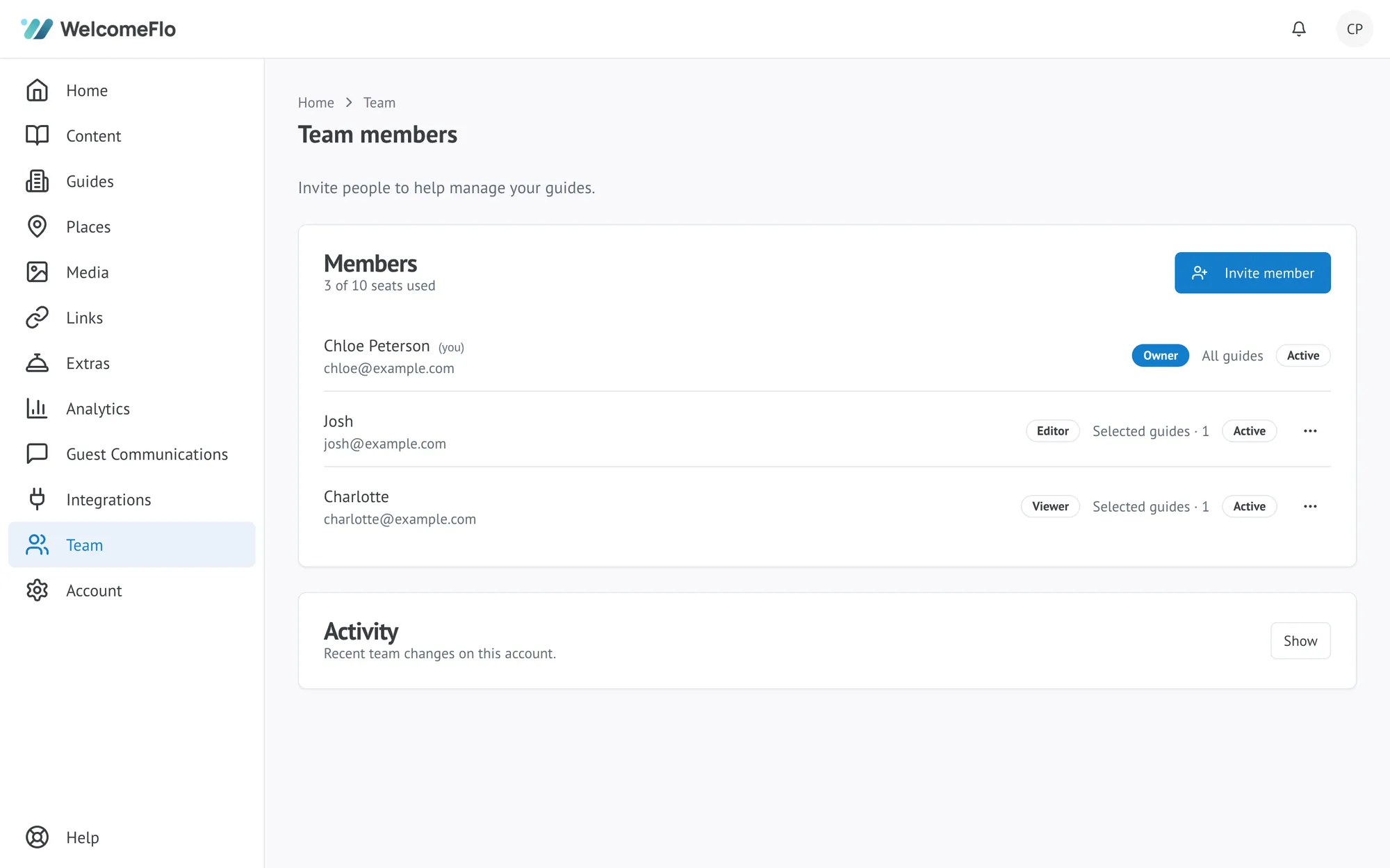 The Team members page, showing the account's members with their role, guide access and status